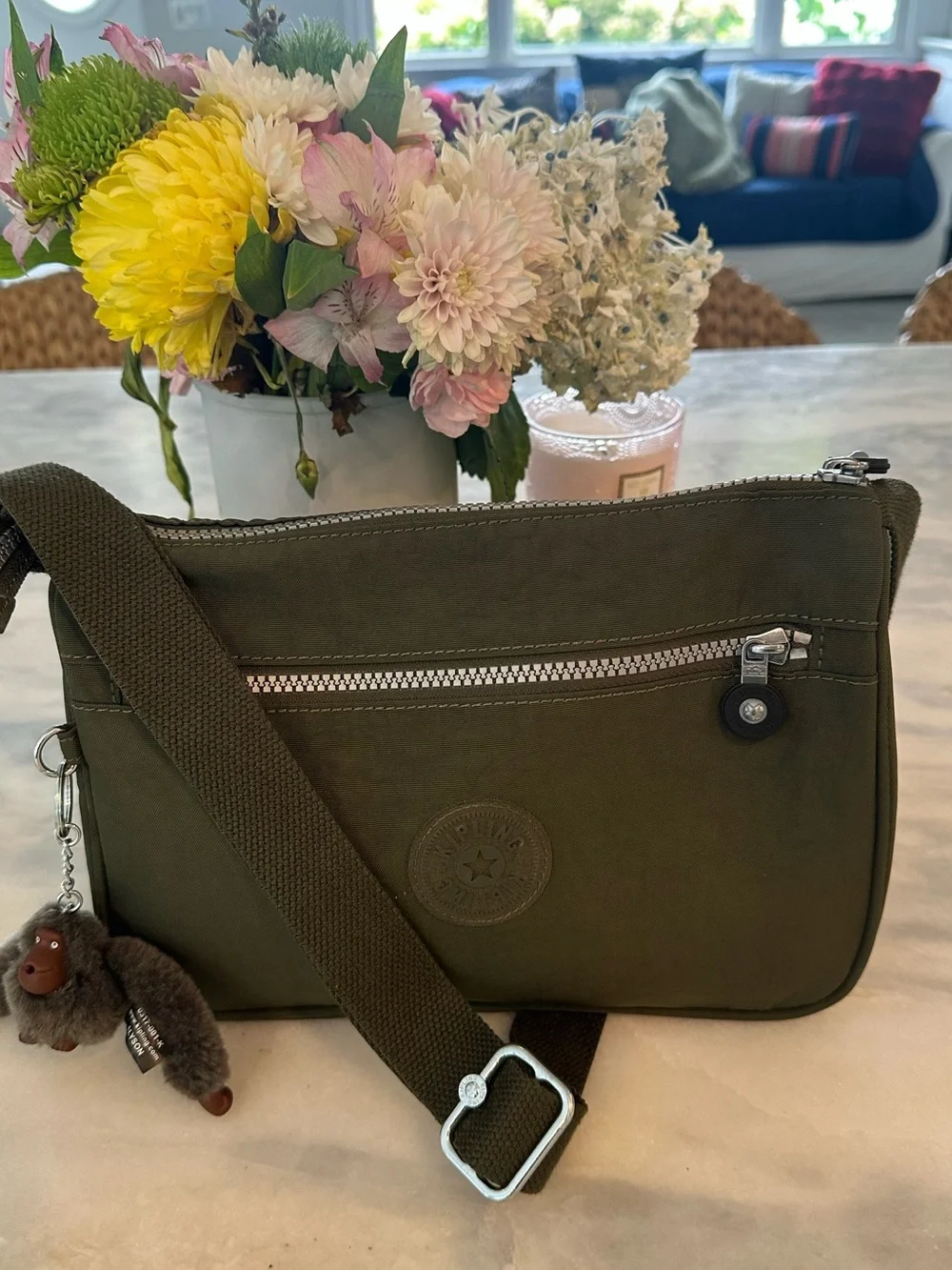 Kipling Green Moss Crossbody Shoulder Bag with Signature Fur Monkey Keychain